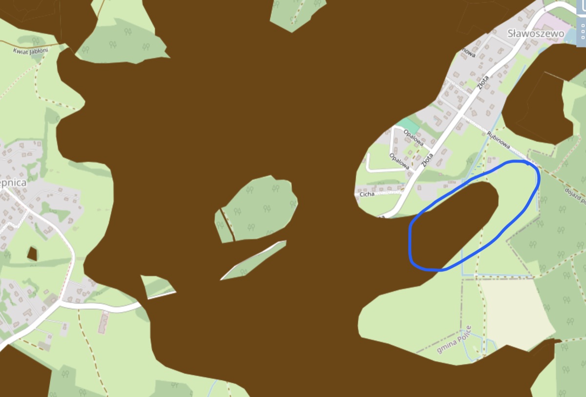 Mapa torfowisk wokół Sławoszewa — brązowym kolorem oznaczono tereny torfowe, obrys MOP zaznaczono na niebiesko